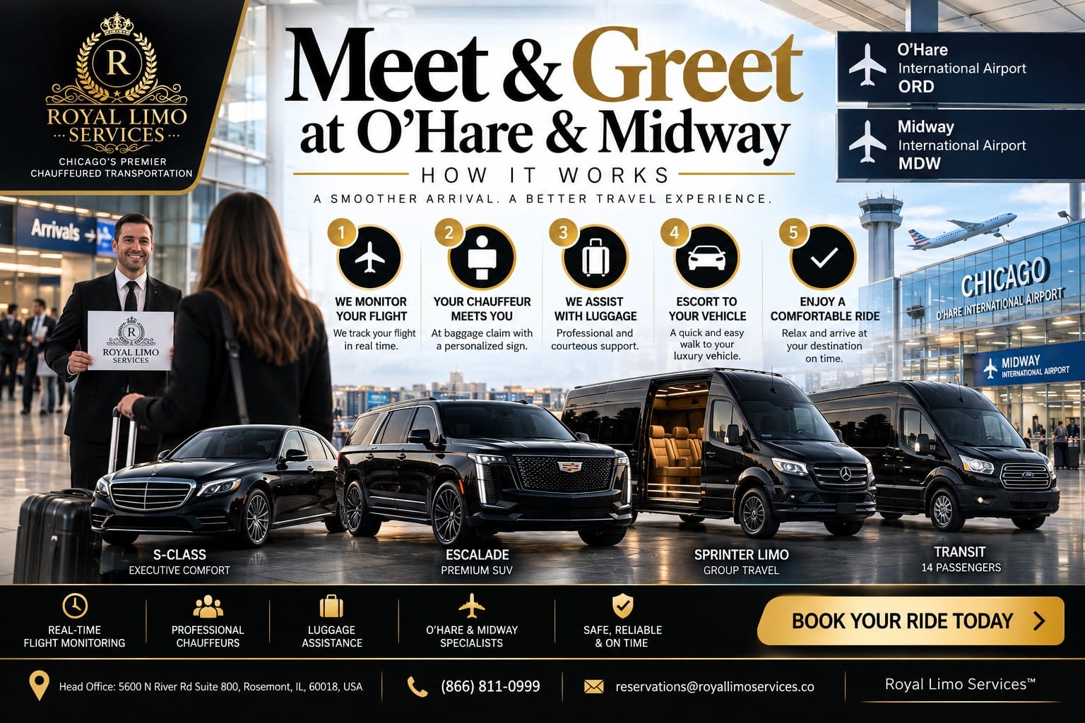 Royal Limo Services chauffeur with meet-and-greet sign and fleet — step-by-step O'Hare and Midway airport arrival service in Chicago