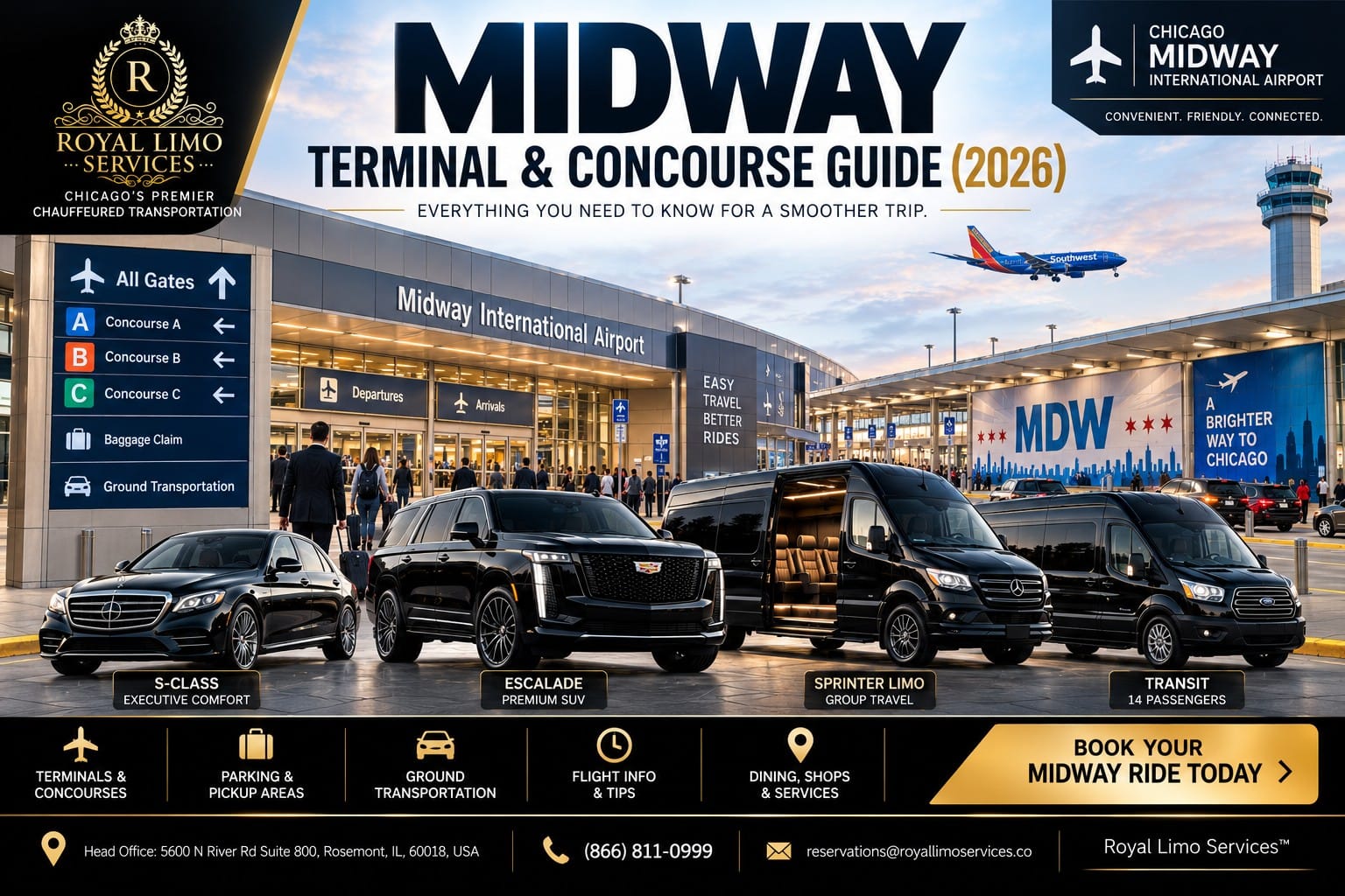Royal Limo Services fleet outside Midway International Airport — Chicago MDW terminal and concourse guide with S-Class, Escalade, Sprinter and Transit