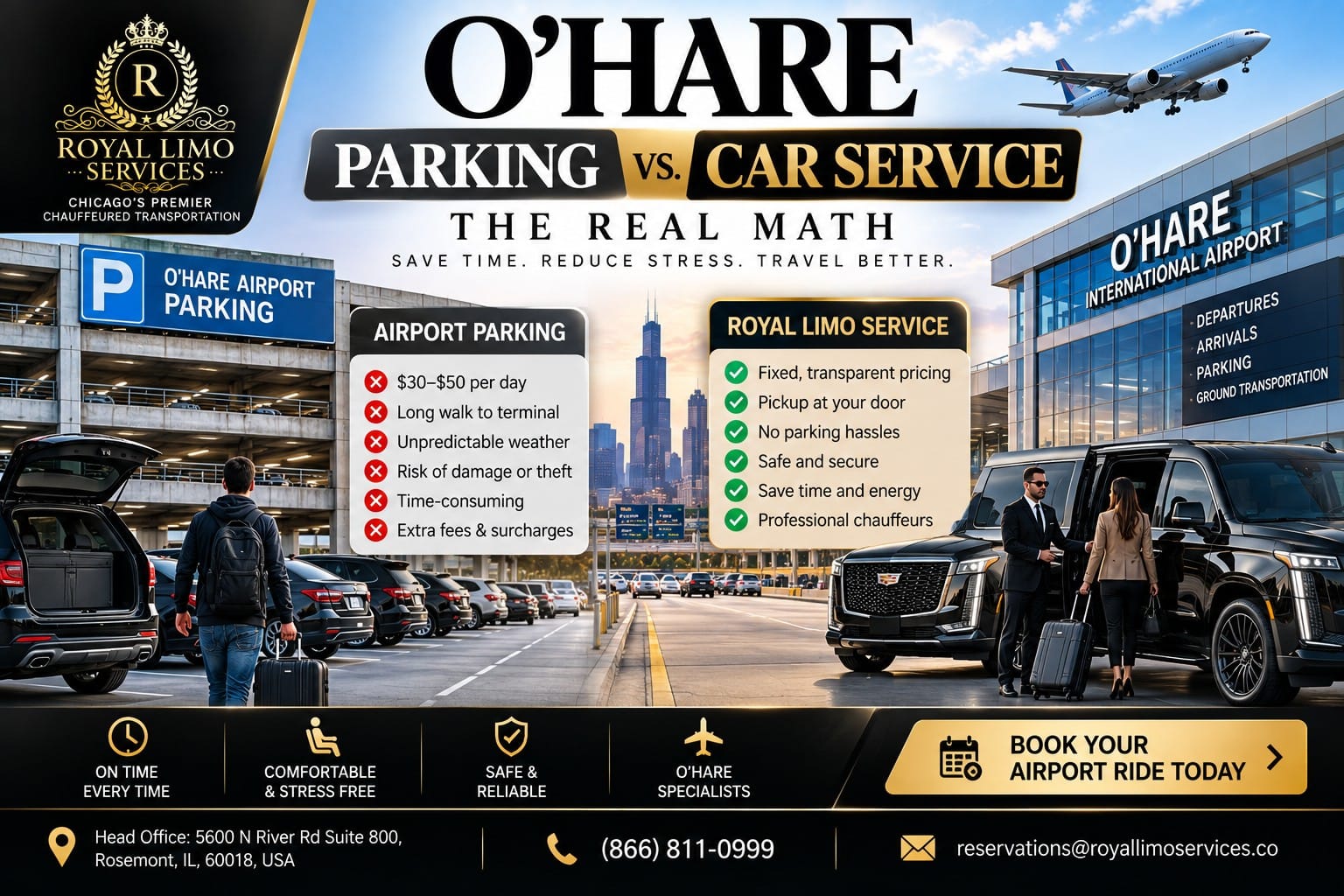 Royal Limo Services comparison — O'Hare airport parking vs chauffeured car service costs and convenience for Chicago travelers