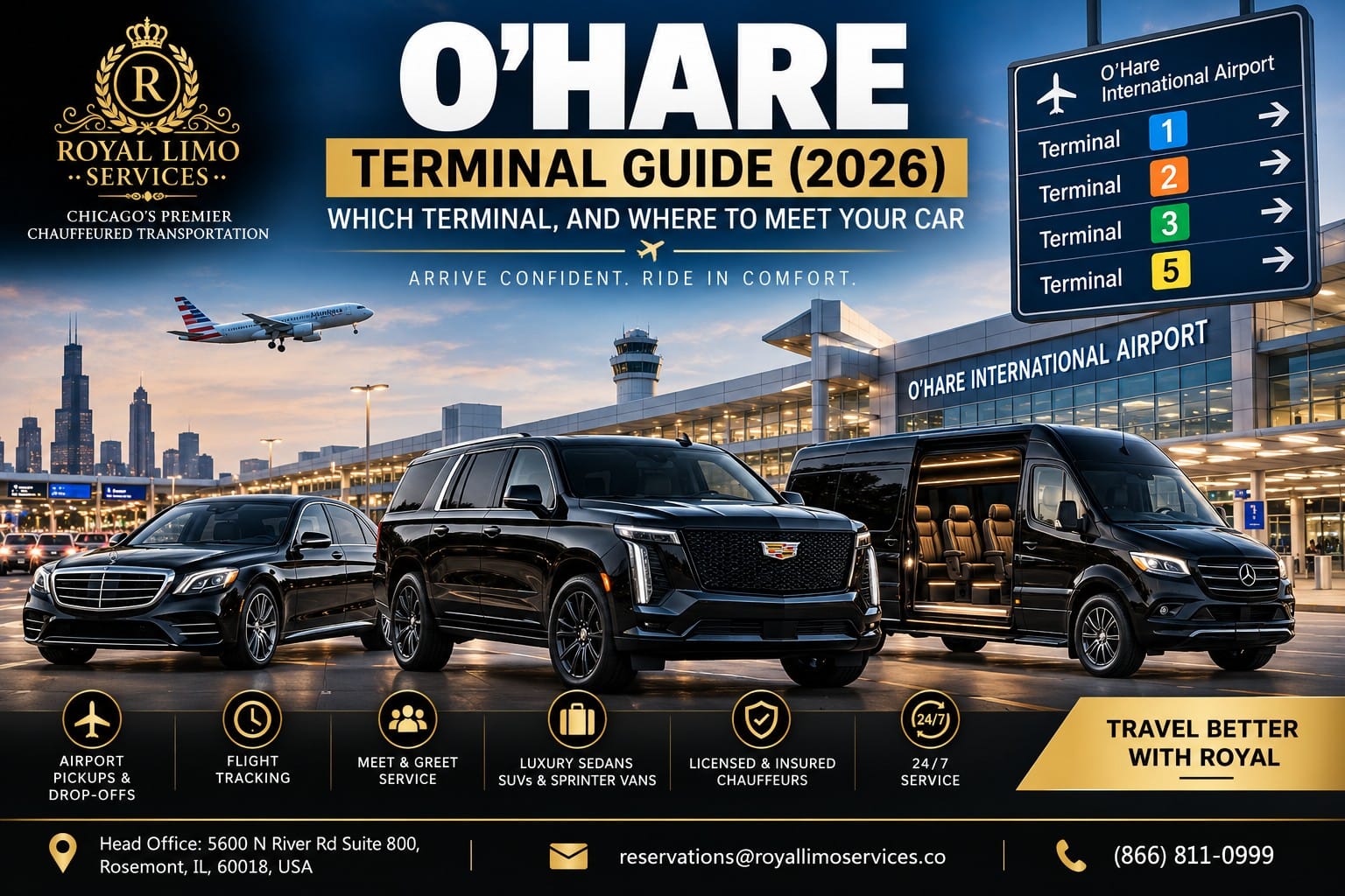 Royal Limo Services fleet at O'Hare International Airport — Chicago chauffeured sedan, Escalade SUV and Sprinter van terminal guide