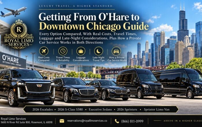 Guide to getting from O'Hare to downtown Chicago by Royal Limo Services: comparing costs, travel times, luggage and late-night options, with private car service in 2026 Escalades, Mercedes S580 sedans and Sprinter vans