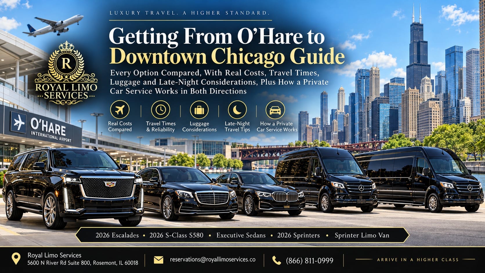 Guide to getting from O'Hare to downtown Chicago by Royal Limo Services: comparing costs, travel times, luggage and late-night options, with private car service in 2026 Escalades, Mercedes S580 sedans and Sprinter vans