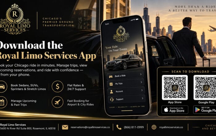 Royal Limo Services app on a smartphone with a black luxury sedan and the Chicago skyline, with App Store and Google Play download buttons