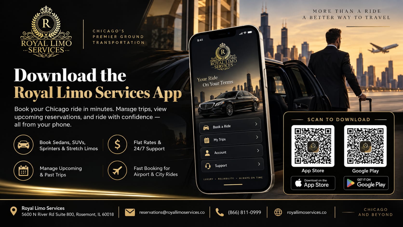 Royal Limo Services app on a smartphone with a black luxury sedan and the Chicago skyline, with App Store and Google Play download buttons