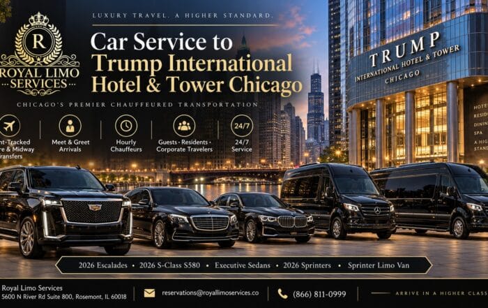 Car service to Trump International Hotel & Tower Chicago by Royal Limo Services: 2026 Cadillac Escalades, Mercedes S580 sedans, executive sedans and Sprinter vans with flight-tracked O'Hare and Midway transfers and hourly chauffeurs