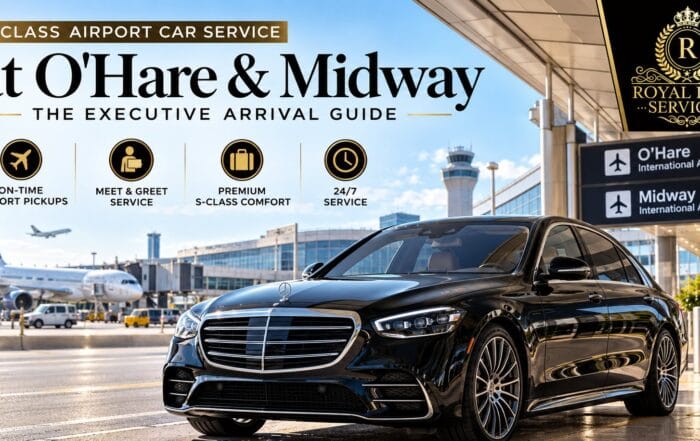 Black Mercedes S-Class airport car from Royal Limo Services at the O'Hare and Midway terminal curb