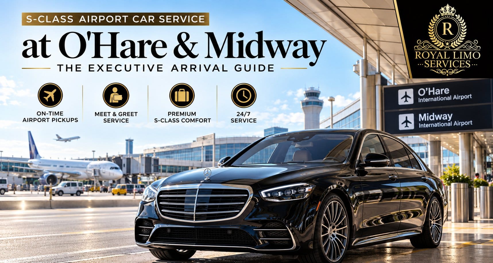 Black Mercedes S-Class airport car from Royal Limo Services at the O'Hare and Midway terminal curb