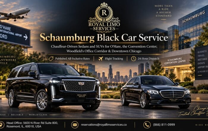 Schaumburg black car service by Royal Limo Services — black Cadillac Escalade SUV and Mercedes S-Class sedan by the Schaumburg Convention Center with an O'Hare airport sign and Chicago skyline