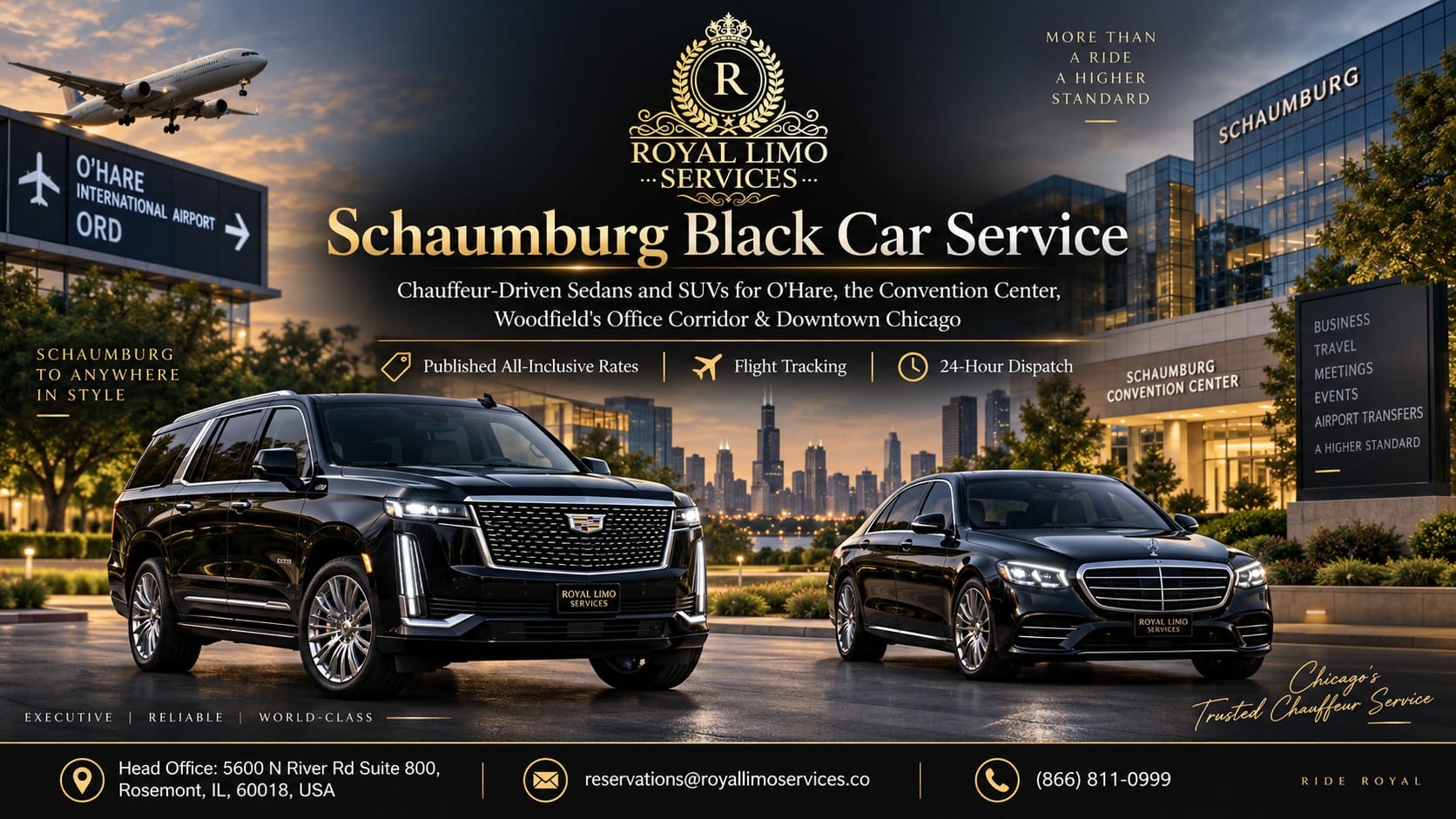 Schaumburg black car service by Royal Limo Services — black Cadillac Escalade SUV and Mercedes S-Class sedan by the Schaumburg Convention Center with an O'Hare airport sign and Chicago skyline