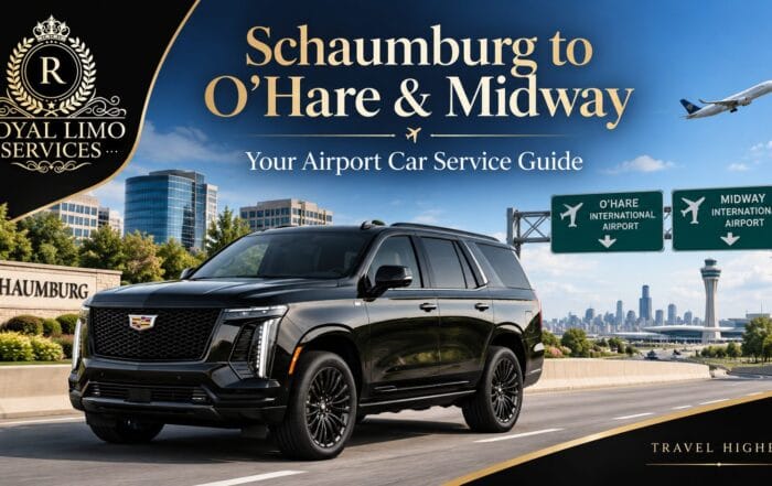 Alt text: Royal Limo Services black Cadillac Escalade for Schaumburg to O'Hare and Midway airport car service, executive chauffeured SUV with Chicago skyline and airport signs