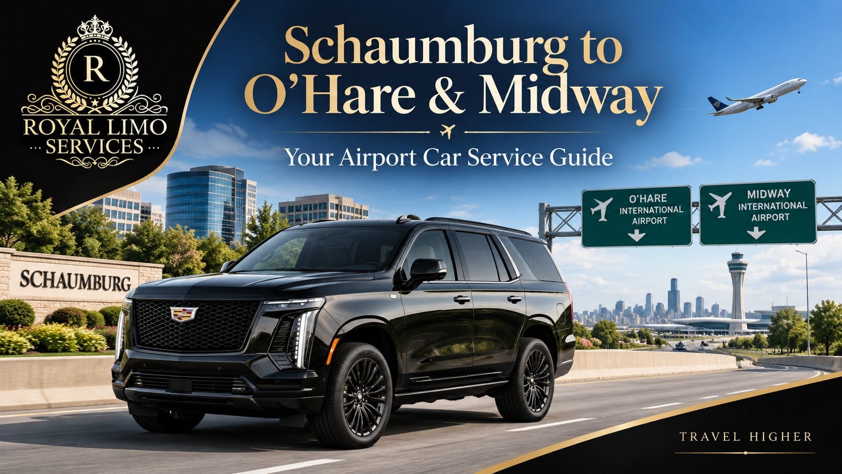 Alt text: Royal Limo Services black Cadillac Escalade for Schaumburg to O'Hare and Midway airport car service, executive chauffeured SUV with Chicago skyline and airport signs