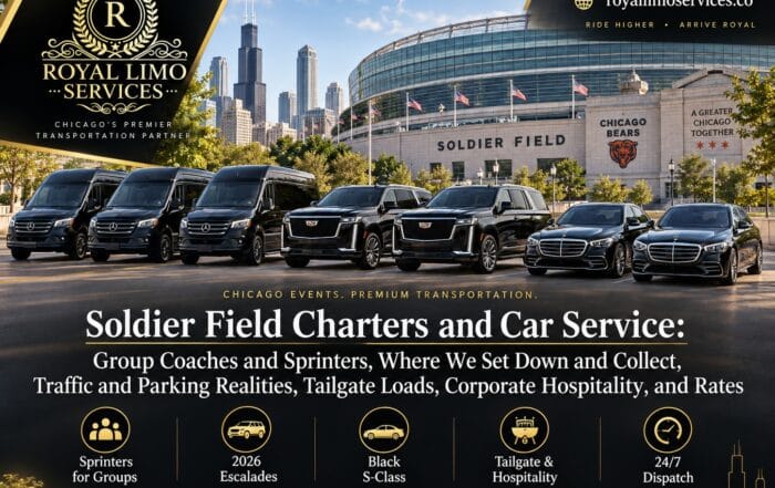 Soldier Field charters and car service from Royal Limo Services, with a fleet of black Sprinter vans, Cadillac Escalades and Mercedes sedans lined up outside the stadium