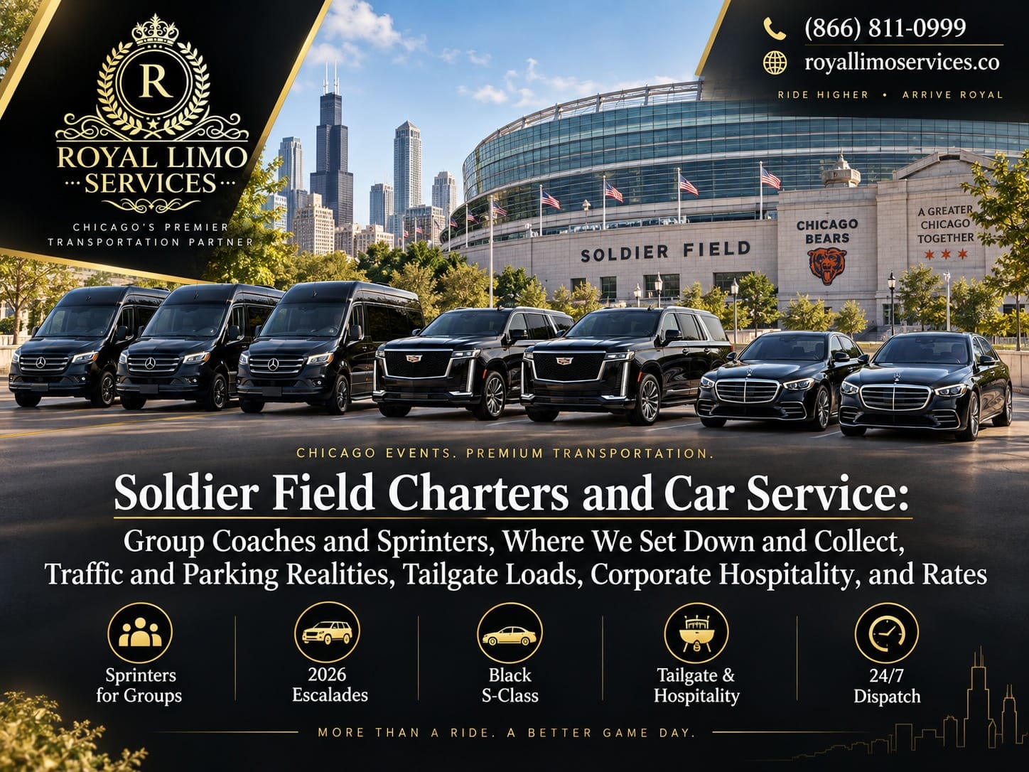 soldier-field-charters-car-service Soldier Field charters and car service from Royal Limo Services, with a fleet of black Sprinter vans, Cadillac Escalades and Mercedes sedans lined up outside the stadium