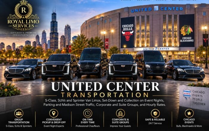 United Center transportation with a fleet of black S-Class sedans, Cadillac Escalades and Mercedes Sprinter vans lined up outside the arena at dusk