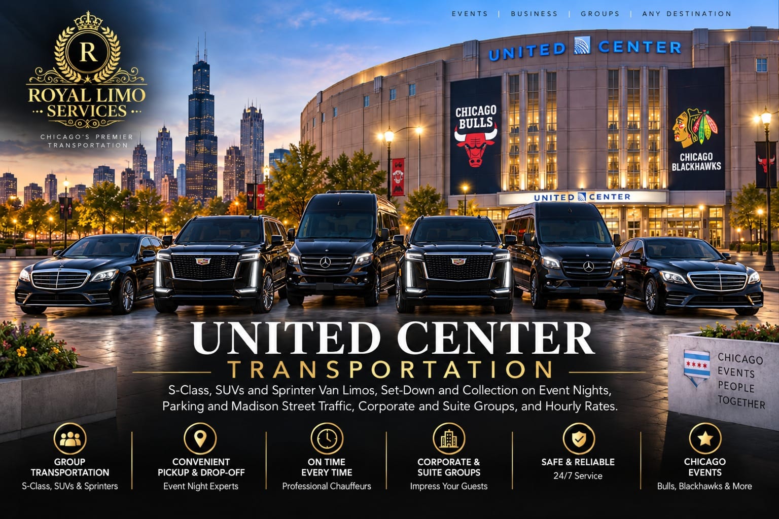 United Center transportation with a fleet of black S-Class sedans, Cadillac Escalades and Mercedes Sprinter vans lined up outside the arena at dusk