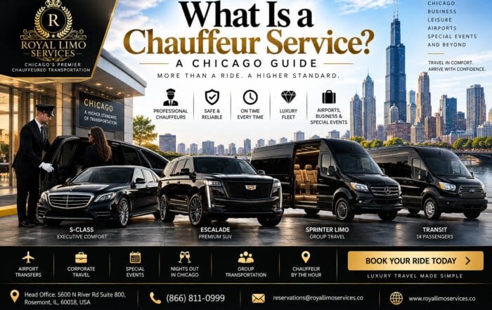Infographic explaining what a chauffeur service is in Chicago, featuring luxury sedan, SUV, Sprinter limo, and Transit van options.