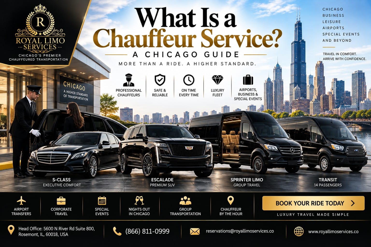 Infographic explaining what a chauffeur service is in Chicago, featuring luxury sedan, SUV, Sprinter limo, and Transit van options.