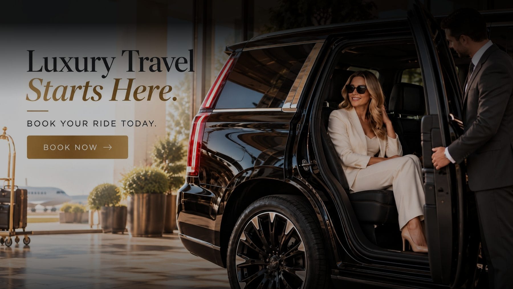 Chauffeur opening the door of a black luxury SUV for a passenger at an airport terminal