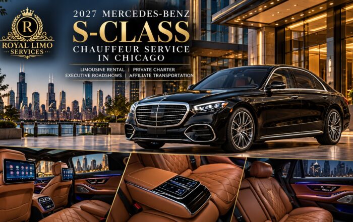 Royal Limo Services black Mercedes-Benz S-Class chauffeur service sedan outside a lit Chicago building at dusk with the skyline behind, plus views of the tan leather rear cabin with seat-back screens and ambient lighting