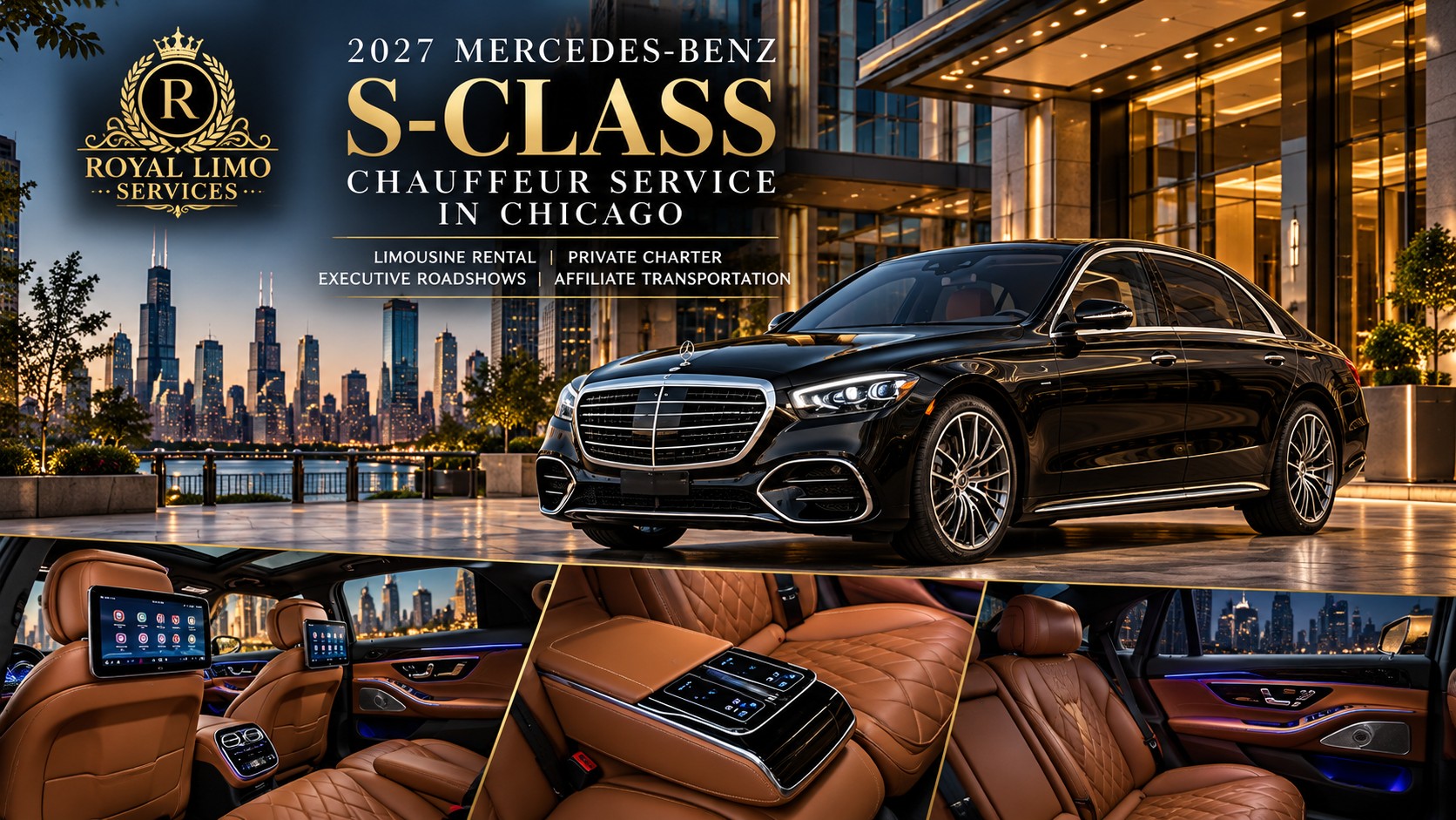 mercedes-benz-s-class-chauffeur-service-chicago-royal-limo-services Royal Limo Services black Mercedes-Benz S-Class chauffeur service sedan outside a lit Chicago building at dusk with the skyline behind, plus views of the tan leather rear cabin with seat-back screens and ambient lighting