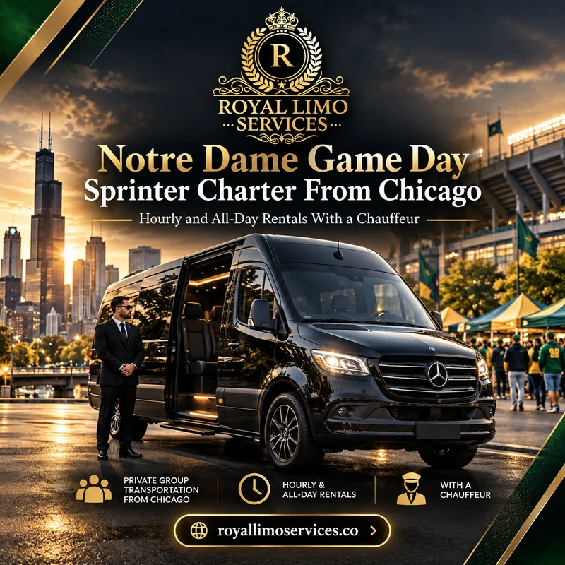 Alt: **Luxury promotional graphic for Royal Limo Services showing a black Mercedes-Benz Sprinter van with a chauffeur in front of a Chicago skyline and stadium setting, advertising Notre Dame Game Day Sprinter Charter From Chicago with hourly and all-day rentals with a chauffeur.**