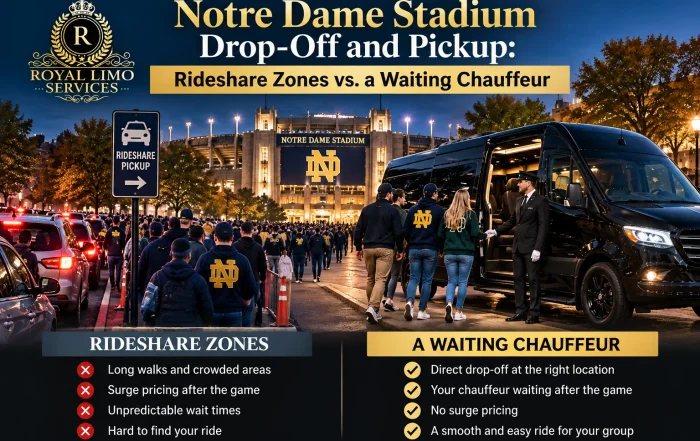 Royal Limo Services Mercedes-Benz Sprinter with a professional chauffeur at Notre Dame Stadium, comparing rideshare pickup zones with a waiting chauffeur for game-day transportation.