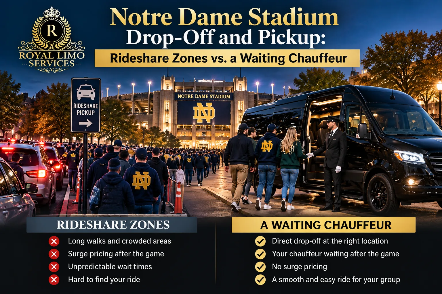 Royal Limo Services Mercedes-Benz Sprinter with a professional chauffeur at Notre Dame Stadium, comparing rideshare pickup zones with a waiting chauffeur for game-day transportation.