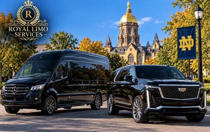 Black Mercedes-Benz Sprinter executive van and 2026 Cadillac Escalade SUV at the University of Notre Dame, representing Royal Limo Services’ luxury chauffeur transportation from Chicago to Notre Dame, Indiana.
