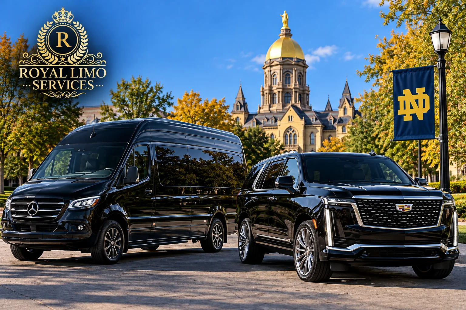 royal-limo-sprinter-and-cadillac-escalade-at-notre-dame-1536 Black Mercedes-Benz Sprinter executive van and 2026 Cadillac Escalade SUV at the University of Notre Dame, representing Royal Limo Services’ luxury chauffeur transportation from Chicago to Notre Dame, Indiana.